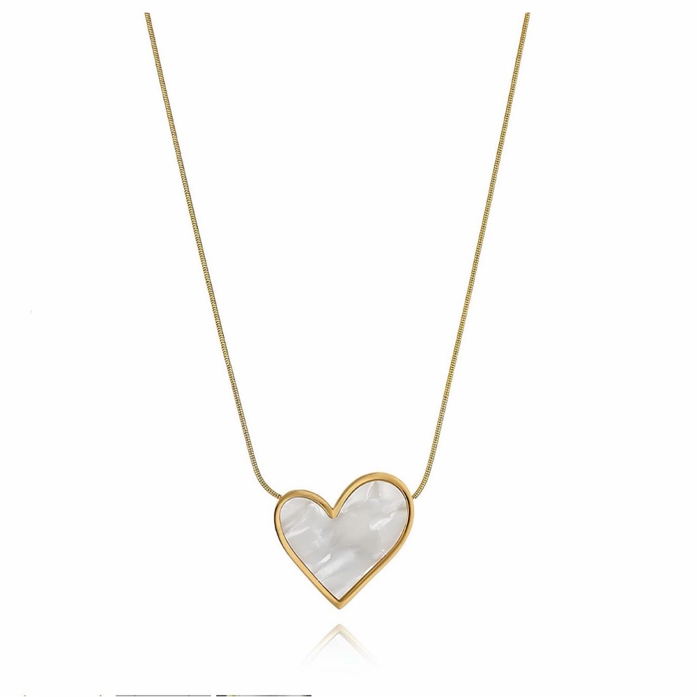 Gold and White Heart Pendant Necklace HEART" NECKLACE, 18K GOLD PLATED STEEL